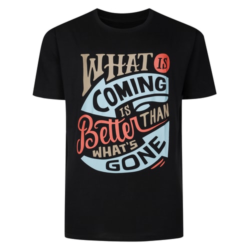 Black crew neck T-shirt with large multicolour slogan print.
